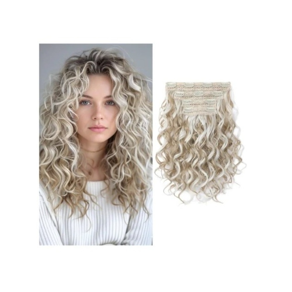 REECHO 12 Inch Curly Clip in Hair Extensions 4PCS Dark Ash Blonde Highlights